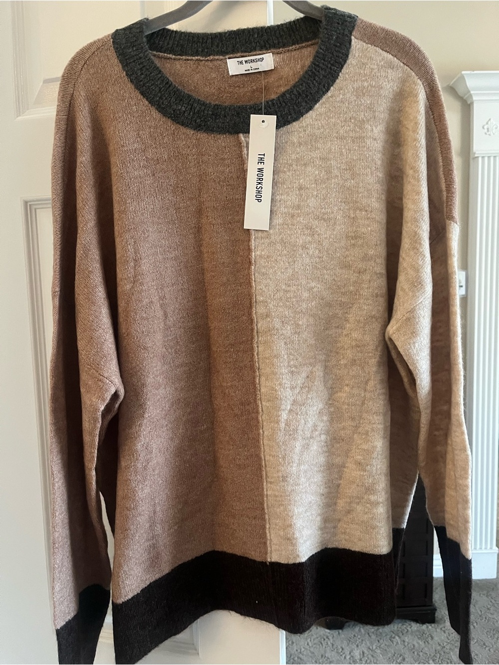 Workshop Two-Tone Tan & Brown Colorblock Crewneck Sweater